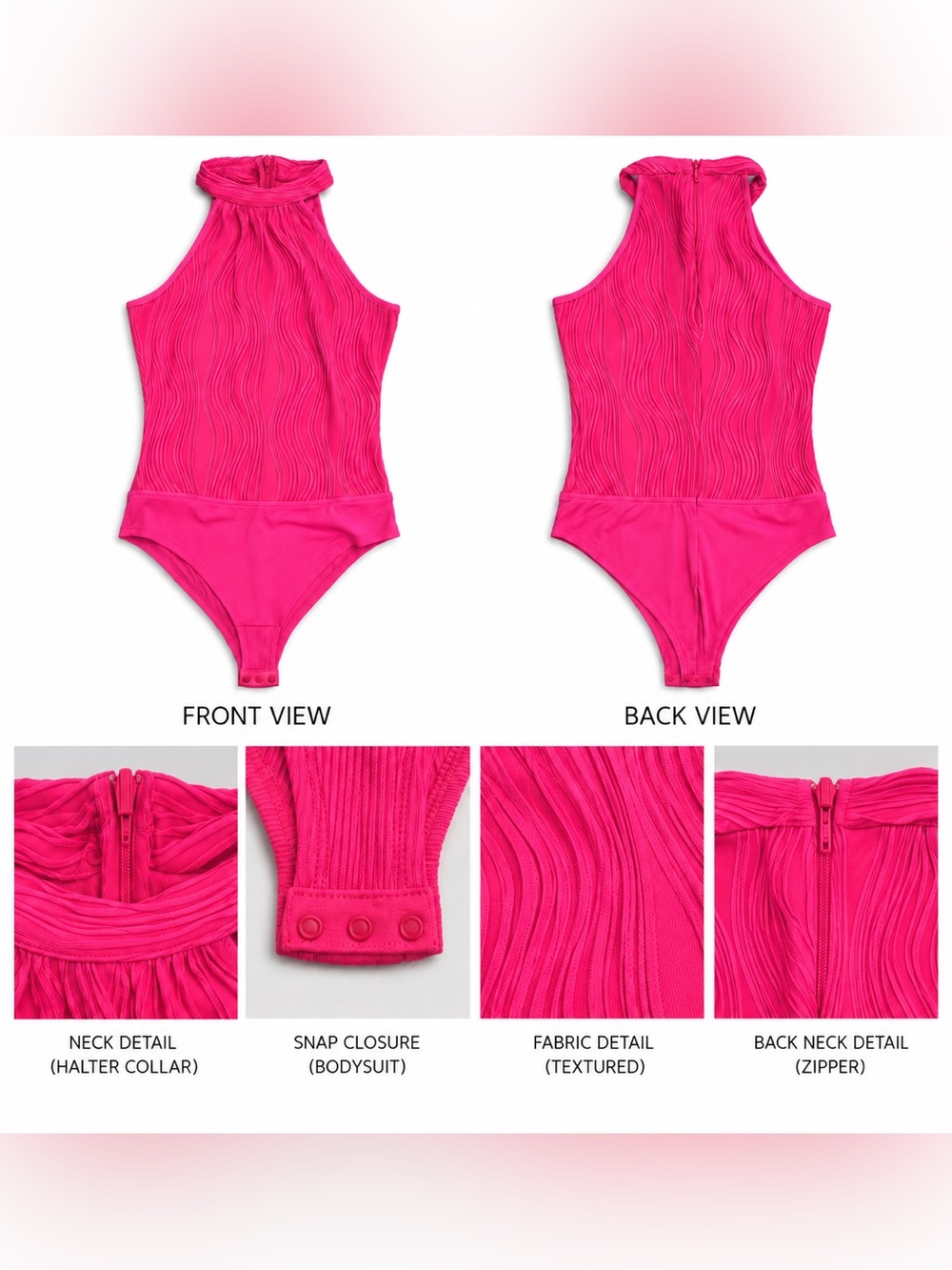 Women’s Large Hot Pink Halter Bodysuit Textured Wavy Sleeveless Y2K Barbiecore